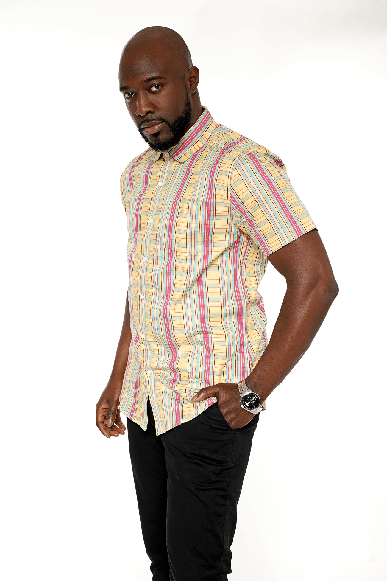 marigold/green;Royal Kente pattern. Woven jacquard. 100% soft cotton.Tab collar with breast pocket, short-sleeved shirt.