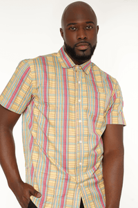 marigold/green;Royal Kente pattern. Woven jacquard. 100% soft cotton.Tab collar with breast pocket, short-sleeved shirt.