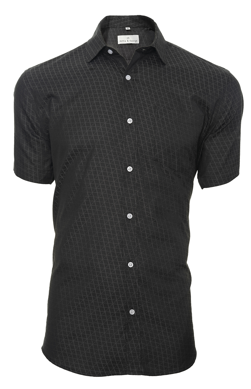 Black; Black men's short sleeve dress shirt.