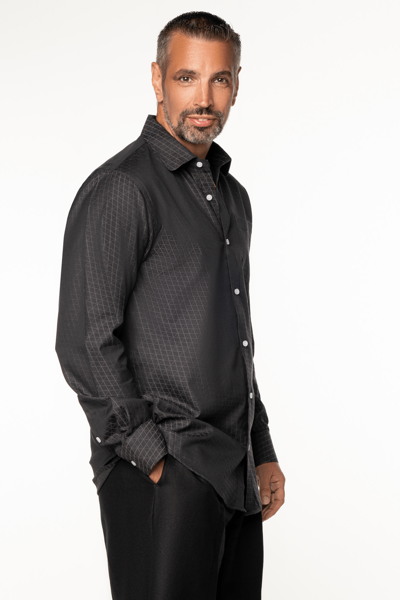 Black; Black men's long sleeve dress shirt.