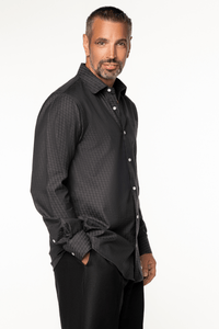 Black; Black men's long sleeve dress shirt.
