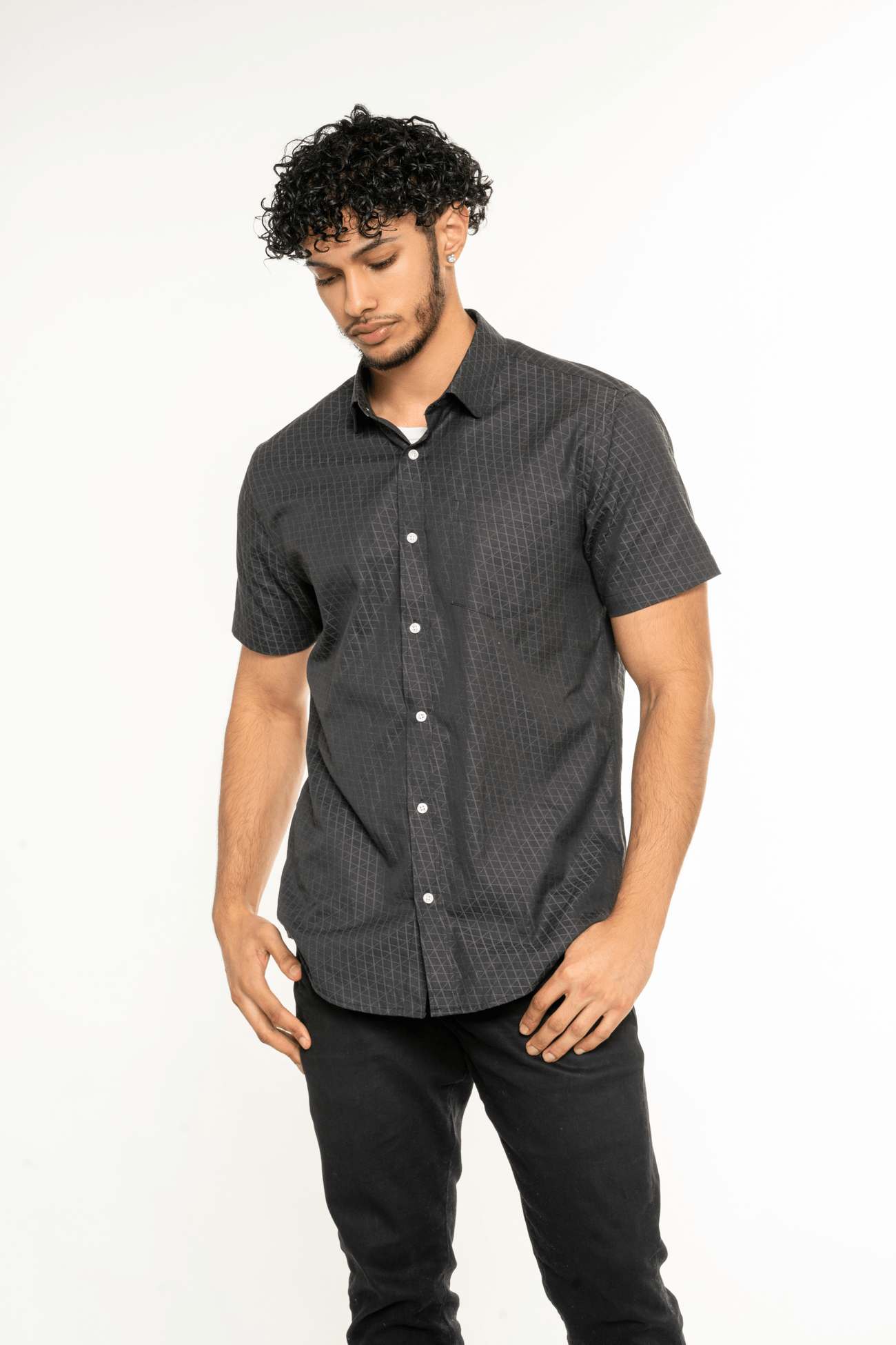 Black; Black men's short sleeve dress shirt.
