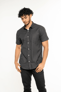 Black; Black men's short sleeve dress shirt.