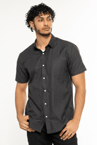 Black; Black men's short sleeve dress shirt.